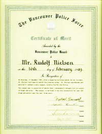 The Certificate of Merit presented to Rudy by the City of Vancouver